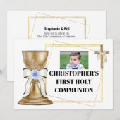 Gouden kelk houten kruis satijn boog blauw bloemen kaart (Voorkant / Achterkant)