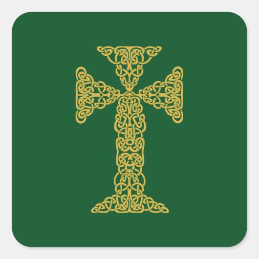 Gouden Keltische Cross Iers Groen Vierkante Sticker (Voorkant)