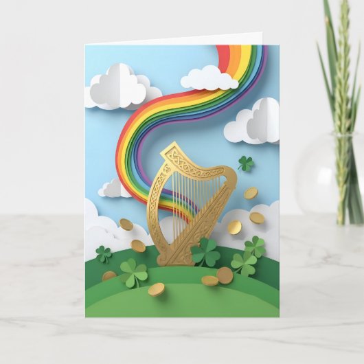 Gouden Keltische Harp Regenboog Papercraft St. Pat Kaart (Voorkant)