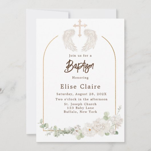 Gouden Kerk Kruisvleugels Bloemen Doop Kaart (Voorkant)