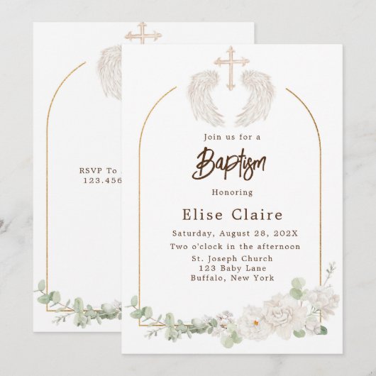 Gouden Kerk Kruisvleugels Bloemen Doop Kaart (Voorkant / Achterkant)