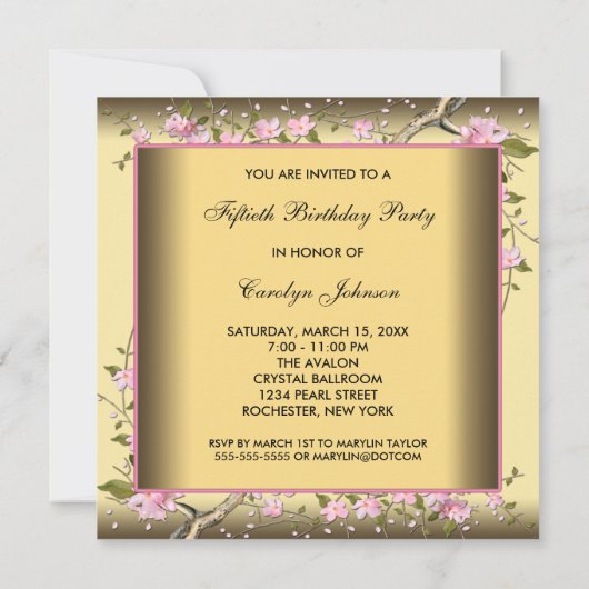 Gouden Kersenbloesem 50ste verjaardag Uitnodiging (Achterkant)