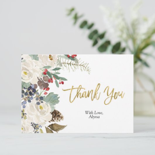 Gouden Kerst Bloemen Dank u kaart (Staand voorkant)