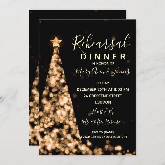 Gouden kerst bruiloft repetitie diner kaart (Voorkant / Achterkant)