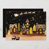 Gouden Kerst Dorp Herten Winter Nacht Feestdagenkaart (Voorkant / Achterkant)