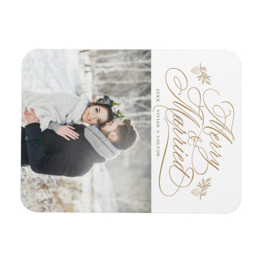 Gouden Kerst Foto van Pasgetrouwden Magneet (Horizontaal)