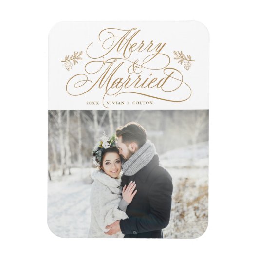 Gouden Kerst Foto van Pasgetrouwden Magneet (Verticaal)