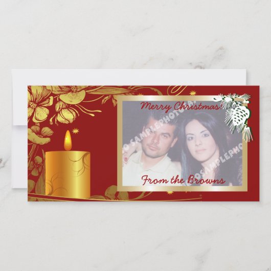 Gouden Kerst Kaars en Bloemen Custom Product Feestdagenkaart (Voorkant)