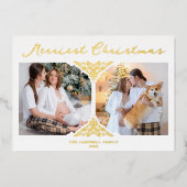 Gouden Kerst Klassiek Filigraan Kerstbal 2 foto's Folie Uitnodiging (Voorkant)