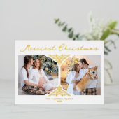 Gouden Kerst Klassiek Filigraan Kerstbal 2 foto's Folie Uitnodiging (Staand Voorkant)