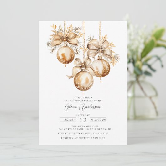 Gouden Kerst Ornament Baby shower Kaart (Staand voorkant)