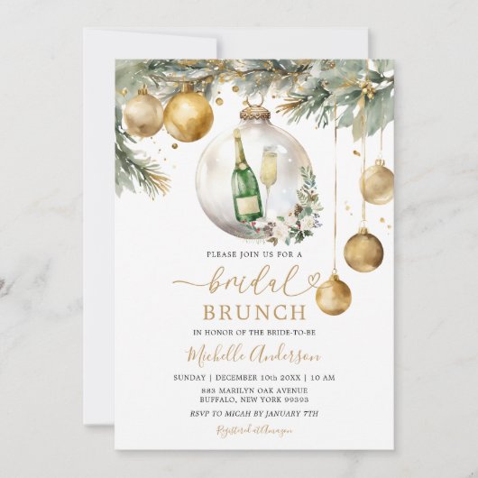 Gouden Kerst Ornament Bloemen Wijn Bruids Brunch Kaart (Voorkant)