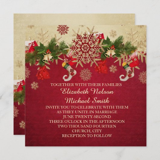 Gouden Kerst Ornamenten Rode bruiloft uitnodigen Kaart (Voorkant / Achterkant)