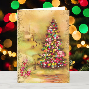 Gouden Kerst Oude Scene Merry & Bright Feestdagen Kaart