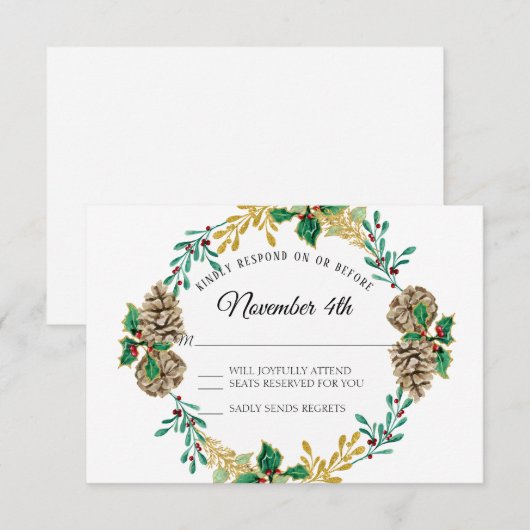 Gouden Kerst RSVP Holly Leaf Pine Cone Krans Kaart (Voorkant / Achterkant)