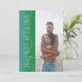 Gouden kerst wervelt groene foto GELUKKIGSTE Feestdagenkaart (Staand voorkant)