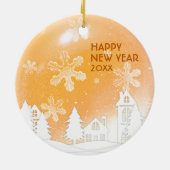 Gouden Kerst Witte Sneeuwhuis Gelukkig Nieuwjaar Keramisch Ornament (Achterkant)