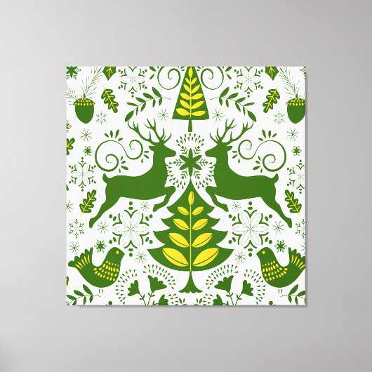 Gouden Kerst Woodland Herten Vogels in Bloei Canvas Afdruk (Voorkant)