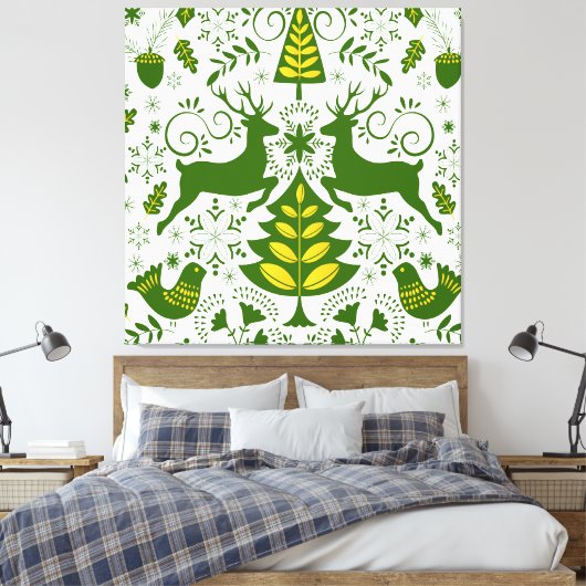 Gouden Kerst Woodland Herten Vogels in Bloei Canvas Afdruk (Insitu (Slaapkamer))