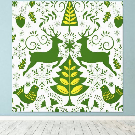 Gouden Kerst Woodland Herten Vogels in Bloei Canvas Afdruk (Insitu (Houten vloer))