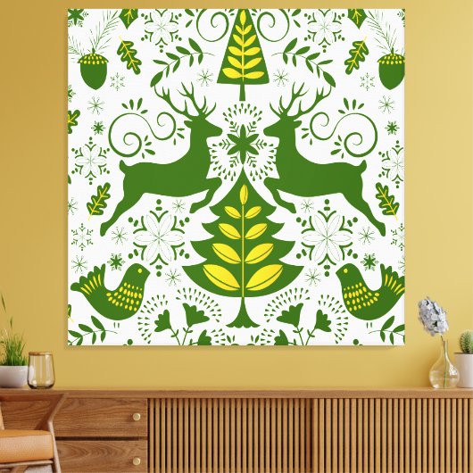Gouden Kerst Woodland Herten Vogels in Bloei Canvas Afdruk (Insitu (Woonkamer))