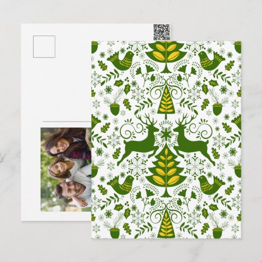 Gouden Kerst Woodland Herten Vogels in Bloei Feestdagenkaart (Voorkant / Achterkant)