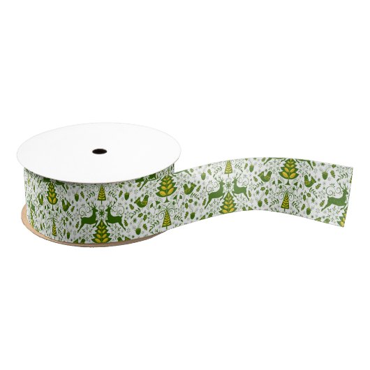 Gouden Kerst Woodland Herten Vogels in Bloei Grosgrain Lint (Spoel)