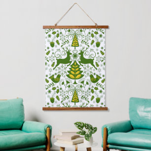 Gouden Kerst Woodland Herten Vogels in Bloei Hangend Wandkleed