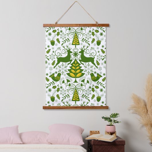 Gouden Kerst Woodland Herten Vogels in Bloei Hangend Wandkleed (Slaapkamer)