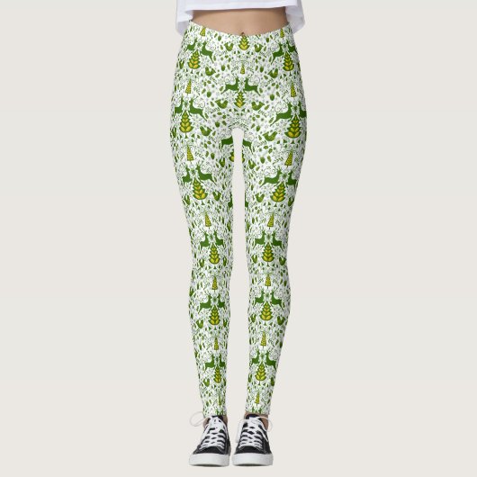 Gouden Kerst Woodland Herten Vogels in Bloei Leggings (Voorkant)