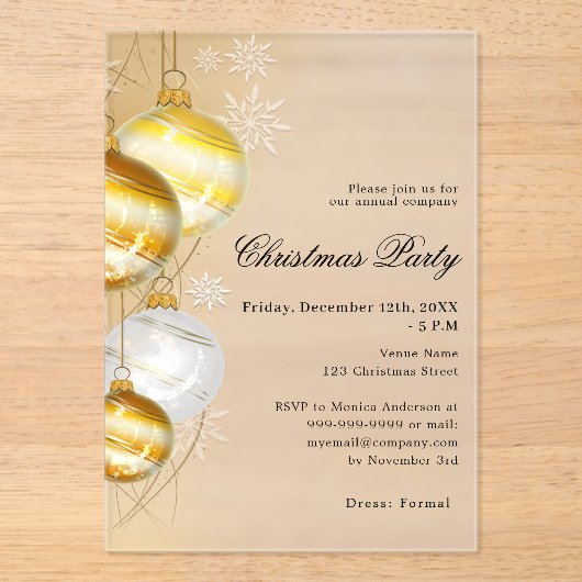 Gouden kerstballen bedrijf Frosted Christmas Party Acryl Uitnodigingen (Voorkant)