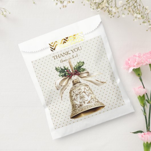 Gouden Kerstbel Glanzende Sterren Groene Bladeren Bedankzakje (Gezegeld)