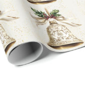 Gouden kerstbel Glanzende sterren Groene bladeren Cadeaupapier (Rol Hoek)