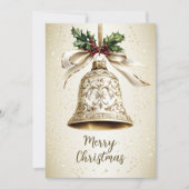 Gouden kerstbel Glanzende sterren Groene bladeren Feestdagenkaart (Voorkant)