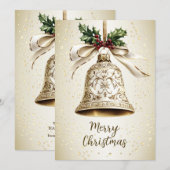 Gouden kerstbel Glanzende sterren Groene bladeren Feestdagenkaart (Voorkant / Achterkant)