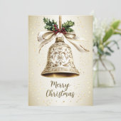Gouden kerstbel Glanzende sterren Groene bladeren Feestdagenkaart (Staand voorkant)