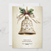 Gouden kerstbel Glanzende sterren Groene bladeren Feestdagenkaart (Achterkant)