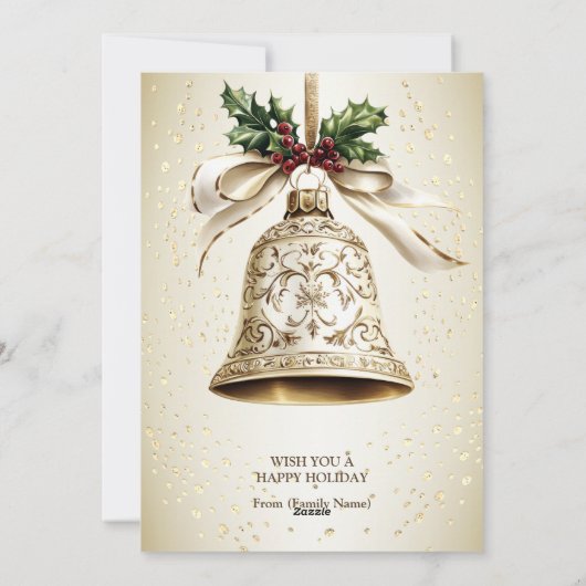 Gouden kerstbel Glanzende sterren Groene bladeren Feestdagenkaart (Achterkant)