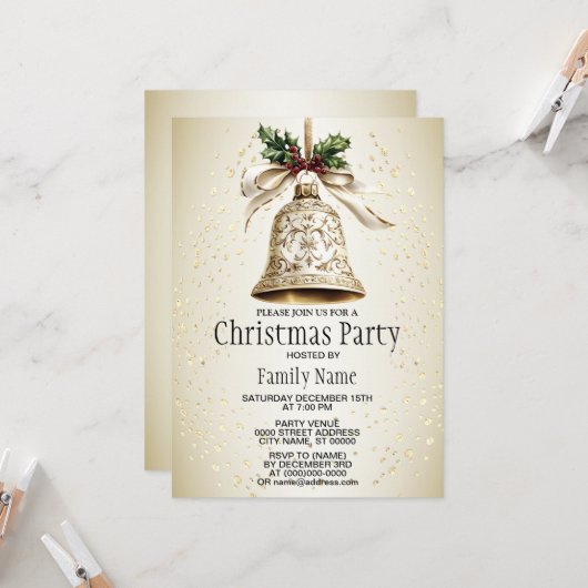 Gouden kerstbel Glanzende sterren Groene bladeren Kaart (Voorkant / Achterkant in situ)