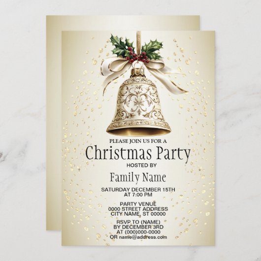 Gouden kerstbel Glanzende sterren Groene bladeren Kaart (Voorkant / Achterkant)