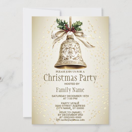 Gouden kerstbel Glanzende sterren Groene bladeren Kaart (Voorkant)