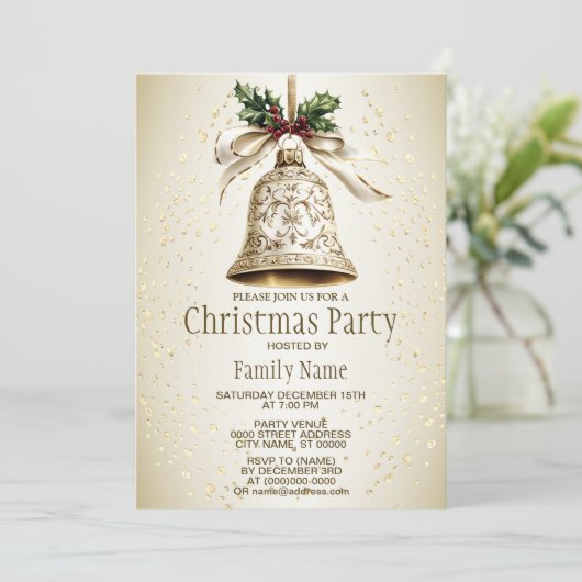 Gouden kerstbel Glanzende sterren Groene bladeren Kaart (Staand voorkant)