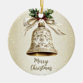 Gouden kerstbel Glanzende sterren Groene bladeren Keramisch Ornament