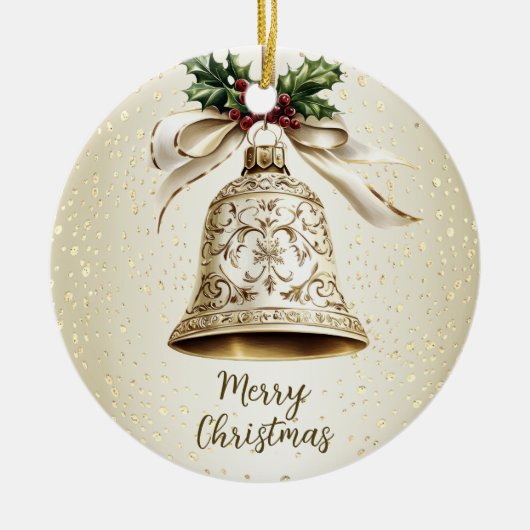 Gouden kerstbel Glanzende sterren Groene bladeren Keramisch Ornament (Voorkant)