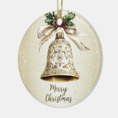 Gouden kerstbel Glanzende sterren Groene bladeren Keramisch Ornament (Links)