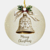 Gouden kerstbel Glanzende sterren Groene bladeren Keramisch Ornament (Achterkant)