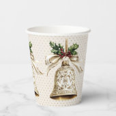 Gouden kerstbel Glanzende sterren Groene bladeren Papieren Bekers (Achterkant)