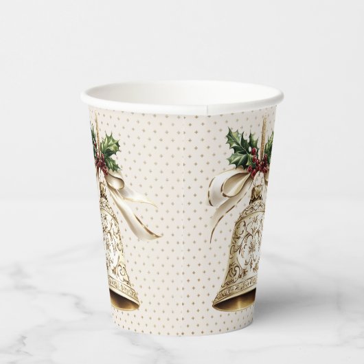 Gouden kerstbel Glanzende sterren Groene bladeren Papieren Bekers (Rechts)