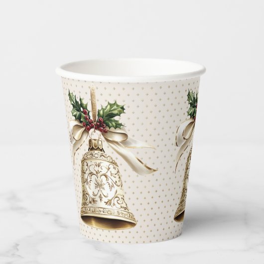 Gouden kerstbel Glanzende sterren Groene bladeren Papieren Bekers (Voorkant)