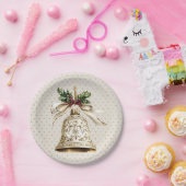 Gouden kerstbel Glanzende sterren Groene bladeren Papieren Bordje (Feest)